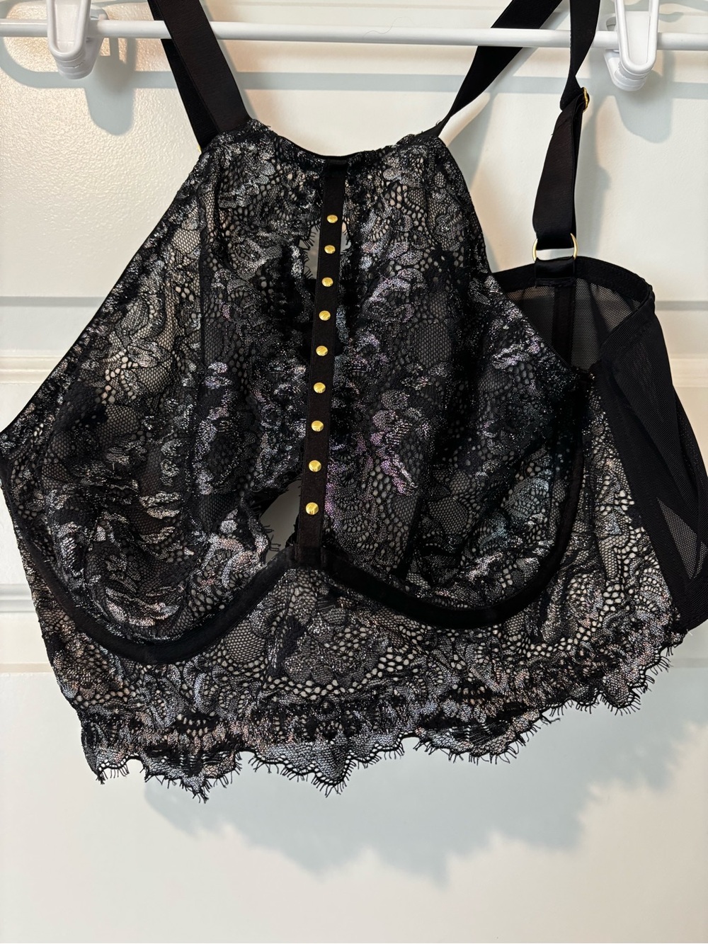 City Chic Black Lace Longline Bralette with Gold Stud Trim